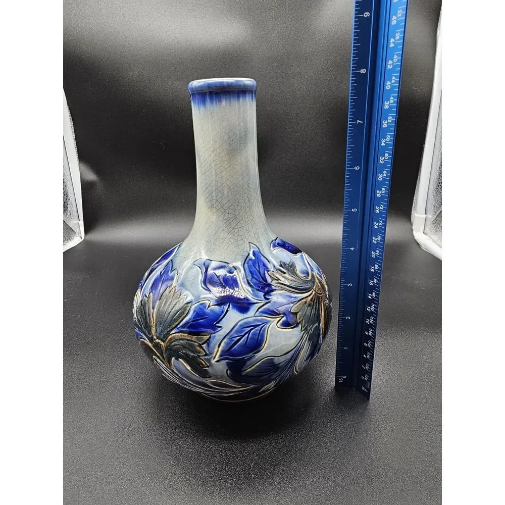 Antique‎ Doulton Lambeth Vase 1881 Signed By Louise E Edwards Cobalt Floral